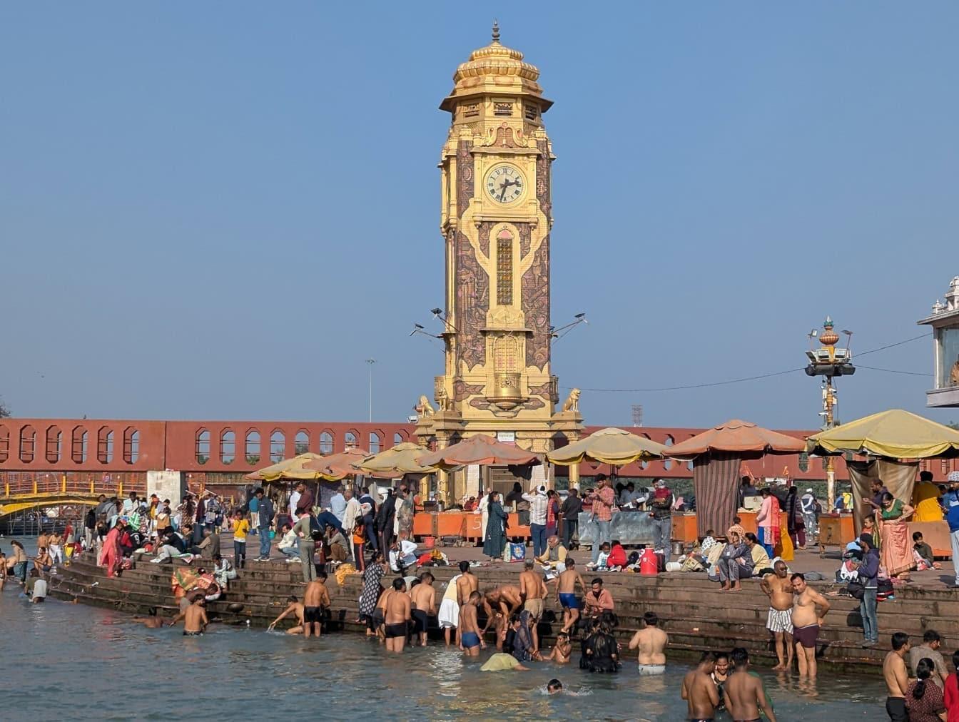 The riverside ghats and clock tower at Har Ki Pauri, Haridwar