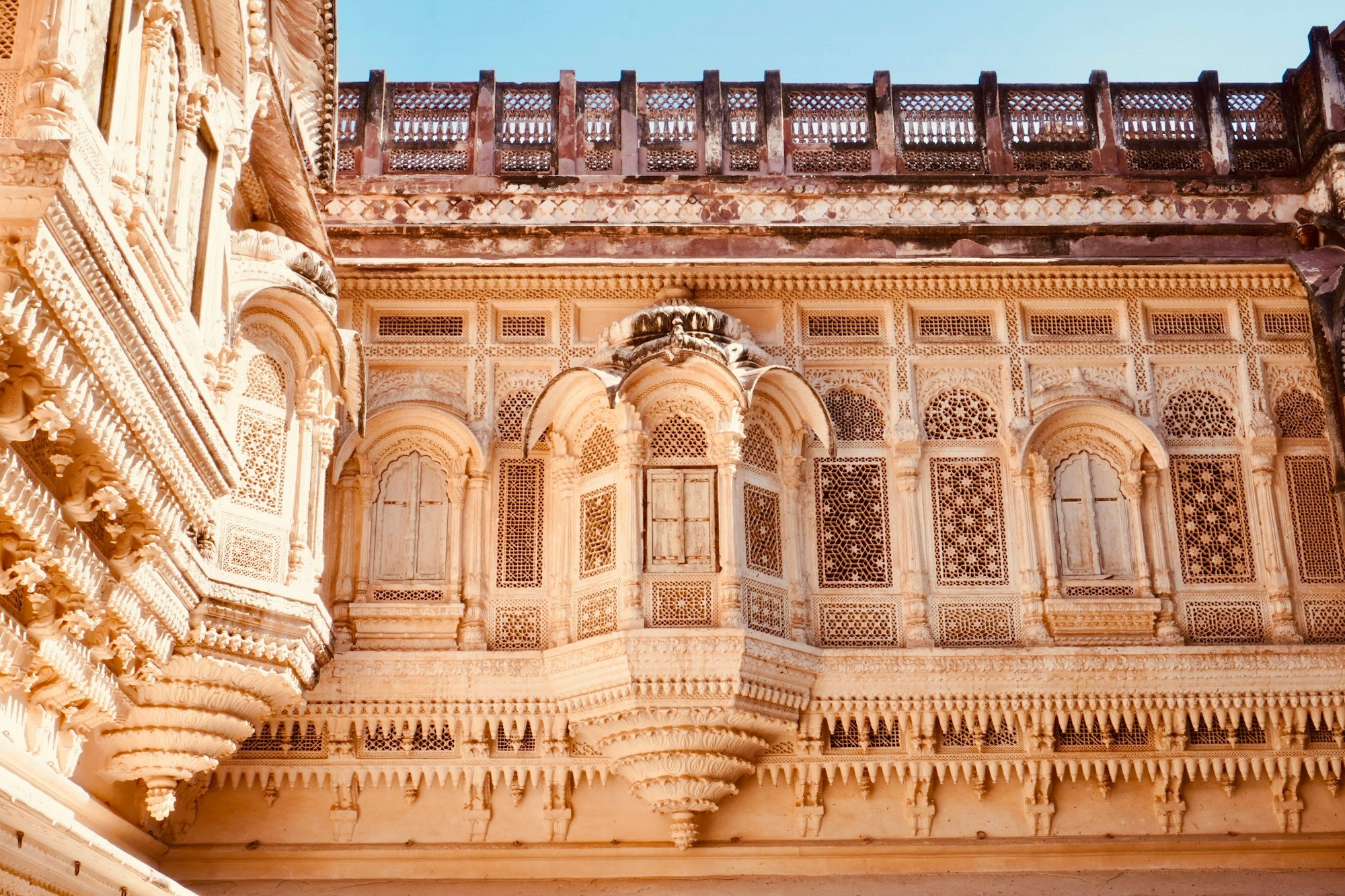 Intricately carved sandstone architecture at Mehrangarh Fort in Jodhpur