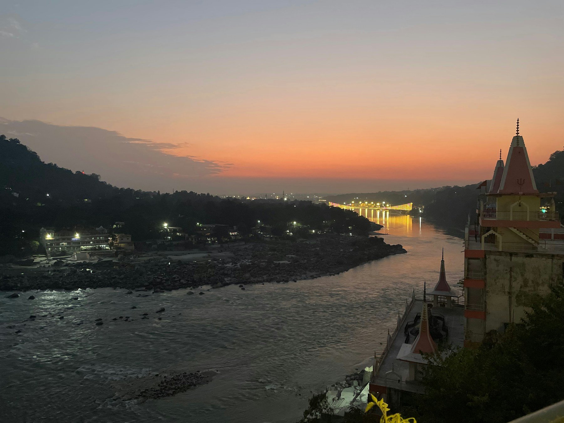 The Ganga and riverside temples in Rishikesh at sunset