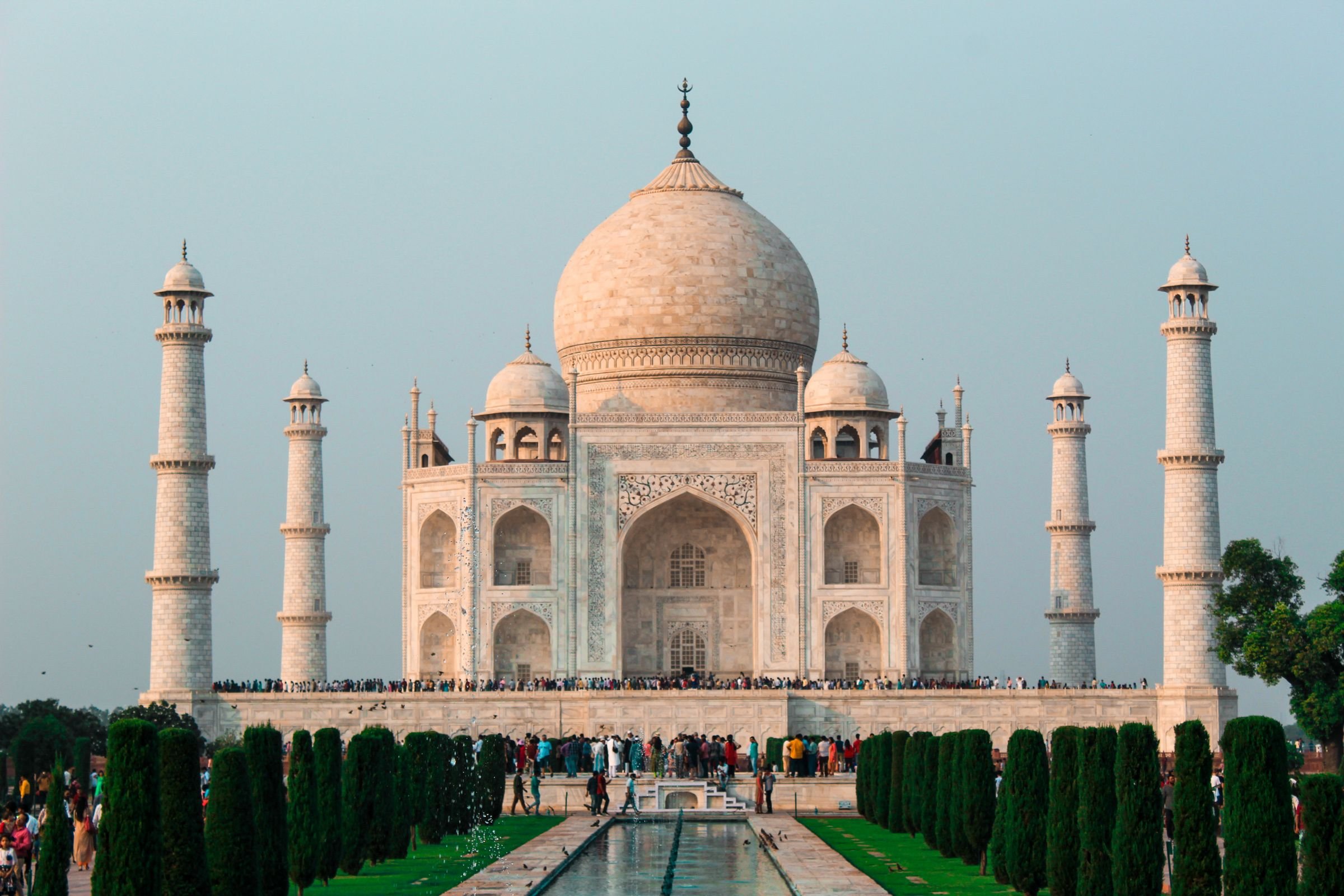 The Taj Mahal in Agra, framed by gardens and a reflecting pool